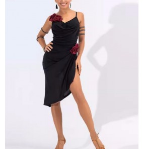 Women girls black with red rose latin dance dresses salsa rumba chacha stage performance dance clothing for female